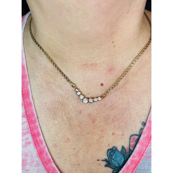 Vintage V Necklace CZ 7-Stone Gold Over Sterling Silver 925, 16", 14.8g Estate - Picture 7 of 10